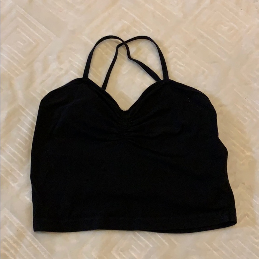 Ruched Front Black Crop Top with Tie Back